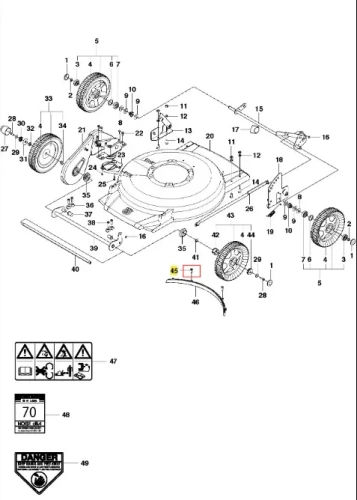 Śruba kosiarki WB 53S Husqvarna, metalowy element o cylindrycznym kształcie, montowana w podwoziu. Widoczna w pozycji poziomej, z otworem na końcu. Grafika instrukcji przedstawia szczegóły montażowe i numerację elementów, na białym tle.