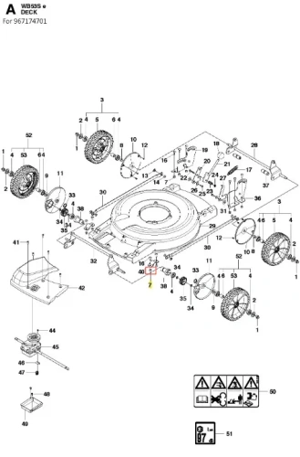 Nakrętka zabezpieczająca kosiarki WB 53S e Husqvarna, metalowa, okrągła, o szarej powierzchni. Widoczna na schemacie części, ukazana z boku, zaznaczona na tle innych elementów. Brak dodatkowych napisów czy logo.