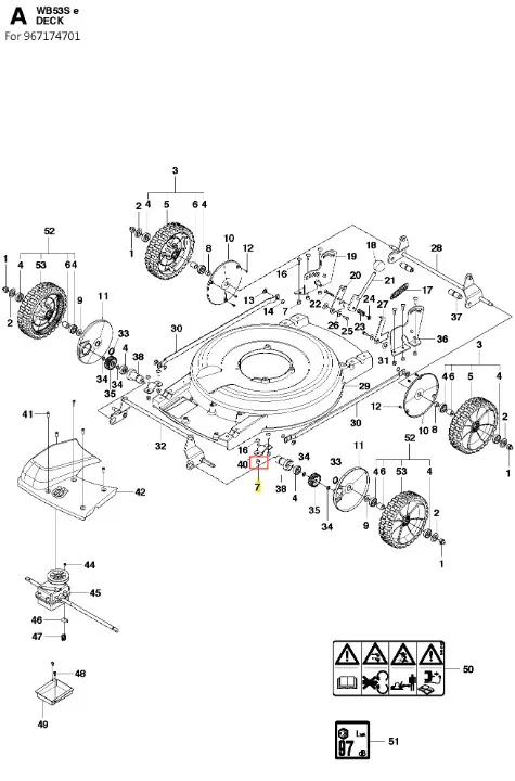 Nakrętka zabezpieczająca kosiarki WB 53S e Husqvarna, metalowa, okrągła, o szarej powierzchni. Widoczna na schemacie części, ukazana z boku, zaznaczona na tle innych elementów. Brak dodatkowych napisów czy logo.