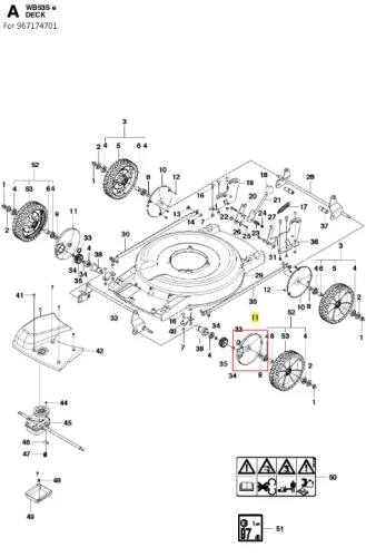 Osłona pro kosiarki Husqvarna WB 53S e, okrągły czarny metaliczny dekl z widocznymi mocowaniami i logo, dopasowana do modelu. Elementy montażowe dołączone, pokazana z góry na białym tle.