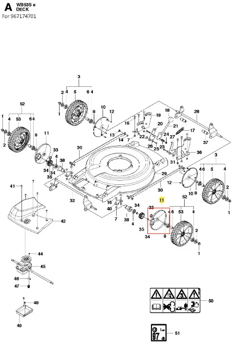 Osłona pro kosiarki Husqvarna WB 53S e, okrągły czarny metaliczny dekl z widocznymi mocowaniami i logo, dopasowana do modelu. Elementy montażowe dołączone, pokazana z góry na białym tle.