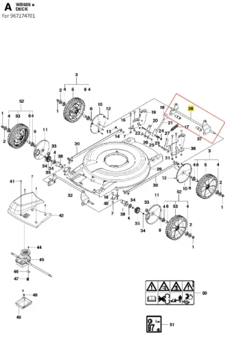Oś kosiarki Husqvarna WB 53S, metalowy szary prostokąt z otworami montażowymi i logo producenta, widoczna z góry, zamontowana na podłożu w otoczeniu innych części kosiarki ogrodowej.