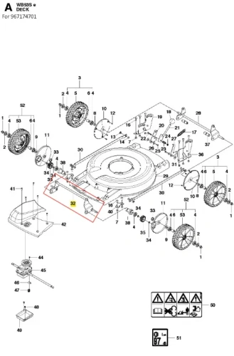 Oś kosiarki Husqvarna WB 53S, czarna, metalowa i prosta, widok z góry z mocowaniami i szczegółami technicznymi, przedstawiona schematycznie jako części zamienne.