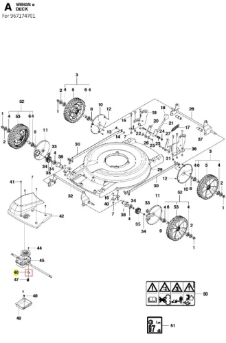 Wspornik kosiarki WB 53S e Husqvarna w układzie technicznym, widoczny z góry. Komponenty w jasnej kolorystyce, z oznaczeniami numerycznymi dla montażu. Elementy metalowe i plastikowe rozmieszczone w prostokątnym układzie na białym tle.