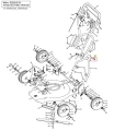 Śruba do kosiarki WB 53S e Husqvarna, metalowa, o kształcie cylindrycznym, w kolorze srebrnym. Widoczna z boku, w detalu, pokazująca gwint. Produkt umiejscowiony na schemacie. W tle prosta grafika techniczna z numerami elementów.