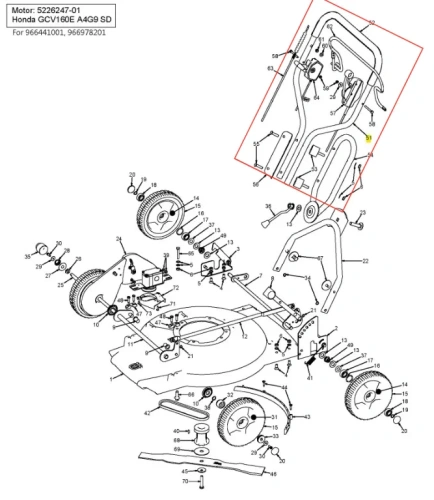 Zespół uchwytu kosiarki WB 53S e Husqvarna, w kolorze szarym, wykonany z metalu, przedstawiony w ujęciu z boku. Widoczna jest rączka oraz elementy mocujące. Tło jasne, co podkreśla detale konstrukcji. Produkt zamontowany, gotowy do użycia.