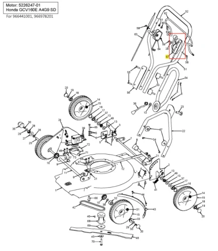 Schemat kosiarki Husqvarna WB 53S z napędem, silnikiem i mechanizmami montażowymi na białym tle. Widoczne części, uchwyt i tarcze z oznaczonymi numerami.