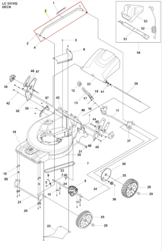 Drążek kosiarki LC 551VQ Husqvarna, metalowy element w kształcie prostokątnej belki, widoczny z boku, w kolorze szarym. Zawiera miejsca mocowania oraz wyraźne oznaczenia. Niezbędny do działania kosiarki, umieszczony na schemacie części.