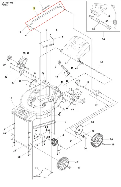 Drążek kosiarki LC 551VQ Husqvarna, metalowy element w kształcie prostokątnej belki, widoczny z boku, w kolorze szarym. Zawiera miejsca mocowania oraz wyraźne oznaczenia. Niezbędny do działania kosiarki, umieszczony na schemacie części.