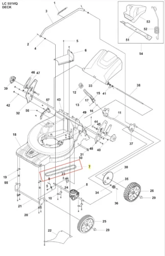 Czarny pasek kosiarki Husqvarna LC 551VQ z metalowymi elementami, prostokątny, z otworami montażowymi, ułożony poziomo, z widocznymi detalami i oznaczeniami na obudowie.