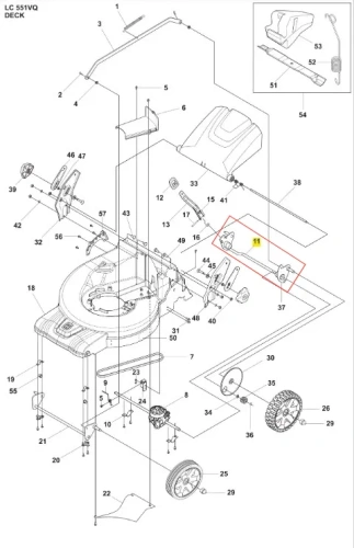 Oś kosiarki LC 551VQ Husqvarna, metaliczna, z wyraźnie oznaczoną numeracją i otworami mocującymi. Ujęcie z góry, pokazujące szczegóły konstrukcyjne oraz umiejscowienie osłony. Część zamontowana w kosiarkę, na jednolitym tle.