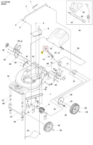 Pokrętło kosiarki LC 551VQ Husqvarna, metalowe, sześciokątne, znajdujące się w centralnej części grafiki. Produkt przedstawiony z boku, w szczególności z widocznymi detalami mocowania. Tło białe, co zwiększa widoczność detalu.