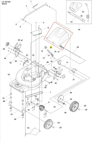 Szara, prostokątna klapa kosiarki Husqvarna LC 551VQ z metalowymi mocowaniami i oznaczeniami, widoczna w ujęciu izometrycznym, ukazującym jej konstrukcję i funkcjonalność.