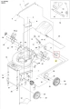 Łożysko kulkowe kosiarki LC 551VQ Husqvarna, metalowe, w okrągłym kształcie, znajduje się w centralnej części z diagramu. Widoczne szczegóły to gładka powierzchnia z rowkami, montowane z boku maszyny. Tło białe, co podkreśla produkt.