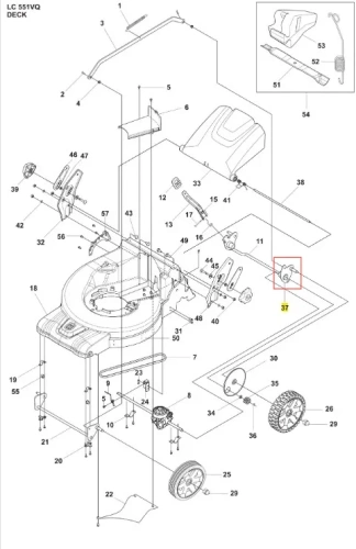 Łożysko kulkowe kosiarki LC 551VQ Husqvarna, metalowe, w okrągłym kształcie, znajduje się w centralnej części z diagramu. Widoczne szczegóły to gładka powierzchnia z rowkami, montowane z boku maszyny. Tło białe, co podkreśla produkt.