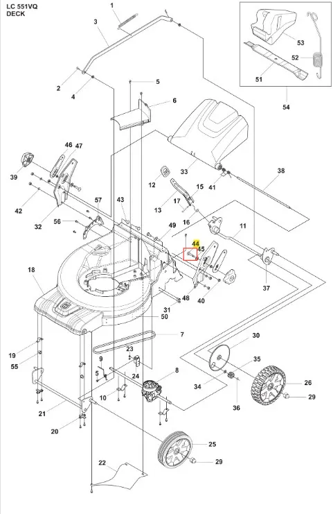 Śruba do kosiarki LC 551VQ Husqvarna, metalowa, o cylindrycznym kształcie, w kolorze srebrnym. Widok z boku, ukazana w kontekście montażu na podłożu. Detal składa się z gładkiej powierzchni z widocznymi gwintami.
