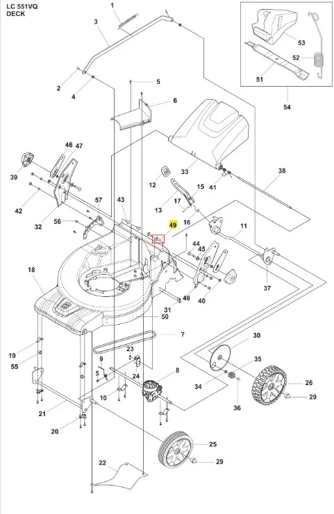 Śruba kosiarki LC 551VQ Husqvarna, metaliczna, z gwintem i łbem, widoczna na schemacie bocznym. Element montażowy do serwisu, zgodny z oryginalnymi częściami.