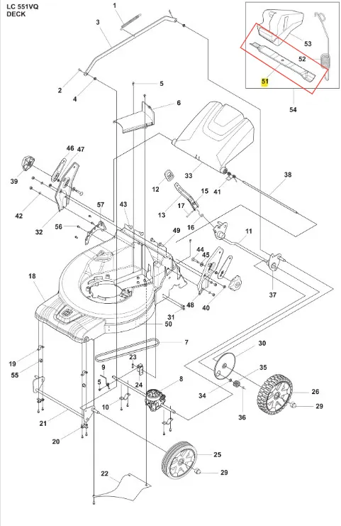 Schemat przedstawia ostrze kosiarki LC 551VQ Husqvarna, widoczne w zbliżeniu. Element ten ma prostokątny kształt, metaliczne wykończenie, widoczne otwory mocujące. Ostrze umieszczone w układzie kosiarki, bez tła.