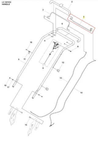 Pałąk kosiarki LC 551VQ Husqvarna, w widoku z góry, przedstawia elementy konstrukcyjne z numerami referencyjnymi. Widoczne uchwyty i mocowania do montażu. Konstrukcja metalowa, gładka, w odcieniach szarości. Elementy montażowe i śruby w zestawie.