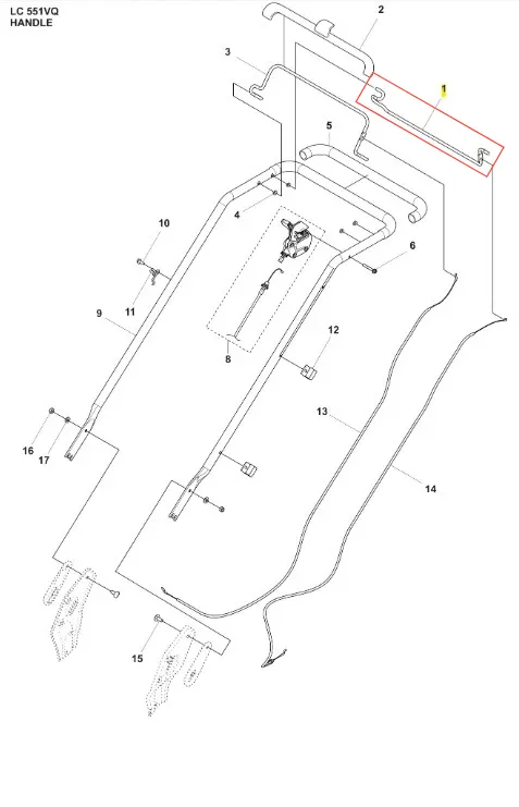 Pałąk kosiarki LC 551VQ Husqvarna, w widoku z góry, przedstawia elementy konstrukcyjne z numerami referencyjnymi. Widoczne uchwyty i mocowania do montażu. Konstrukcja metalowa, gładka, w odcieniach szarości. Elementy montażowe i śruby w zestawie.