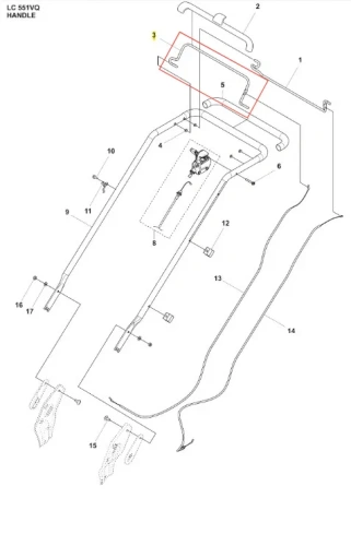 Pałąk do kosiarki LC 551VQ Husqvarna, metalowy, w kształcie prostokąta z zaokrąglonymi krawędziami, widoczne mocowania i otwory na śrubki, w kolorze srebrnym. Ujęcie z góry, pokazujące szczegóły konstrukcji i oznaczenia.