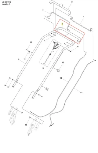 Rura kosiarki LC 551VQ Husqvarna, widoczna z góry, złożona ze stalowych elementów, w układzie mechanicznym. Zawiera uchwyty, mocowania oraz detale techniczne. Na tle białym, z oznaczyć numeracji części. Brak widocznych napisów lub logo.