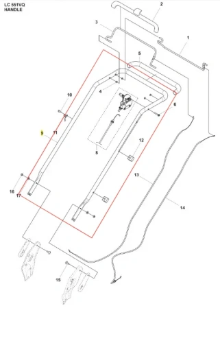 Uchwyt kosiarki LC 551VQ Husqvarna, wykonany z metalu, w kolorze czarnym. Widok frontalny z detalami montażowymi, uchwyt z elementami mocującymi. W tle schemat z oznaczeniami części, na białym tle. Wyraźne napisy i numery identyfikacyjne.