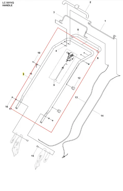 Uchwyt kosiarki LC 551VQ Husqvarna, wykonany z metalu, w kolorze czarnym. Widok frontalny z detalami montażowymi, uchwyt z elementami mocującymi. W tle schemat z oznaczeniami części, na białym tle. Wyraźne napisy i numery identyfikacyjne.