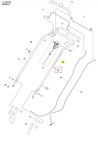 Uchwyt przewodu kosiarki LC 551VQ Husqvarna w widoku z góry. Uchwyt ma prostokątny kształt, wykonany z metalu, z wyczuwalną teksturą. Widoczne otwory montażowe, schematyczne elementy mechaniczne oraz numery części. Tło jasne, proste.