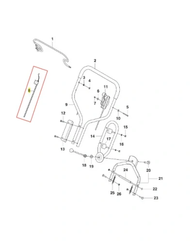Przewód kosiarki LB 553SQe Husqvarna, w przedstawionej ilustracji ukazany w widoku z boku. Widoczne elementy metalowe oraz ich mocowania. Fragment przewodu w ramce podkreślającej, z wyraźnym kształtem i detalami konstrukcyjnymi. Czyste, białe tło.