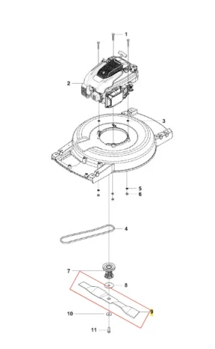 Metalowa tarcza do kosiarki Husqvarna LB 553SQe, z ostrą krawędzią i centralnym otworem, leżąca na białym tle, z wyraźnym logo, nowa.