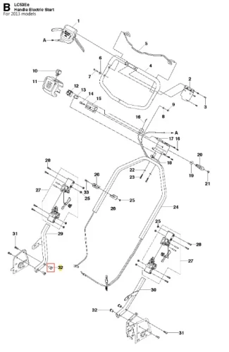 Rysunek techniczny nakrętki kosiarki LC 53E Husqvarna, pokazujący szczegóły konstrukcyjne, w tym numerowane elementy i oznaczenia. Elementy przedstawione są z góry, w układzie schematycznym. Widoczne otwory mocujące i formy elementów.