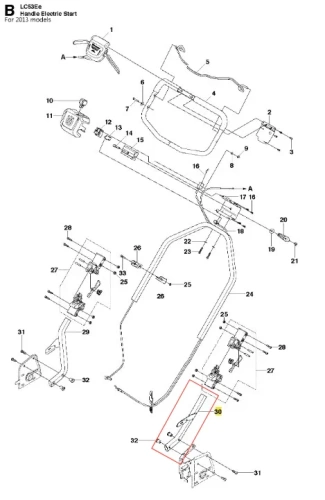 Zespół klamki dolnej do kosiarki LC 53E firmy Husqvarna, z widocznym stalowym uchwytem w kolorze czarnym, pod kątem z boku. Zawiera elementy montażowe oraz uchwyty. Przedstawione na schemacie technicznym, z numerami identyfikacyjnymi. Tło białe.