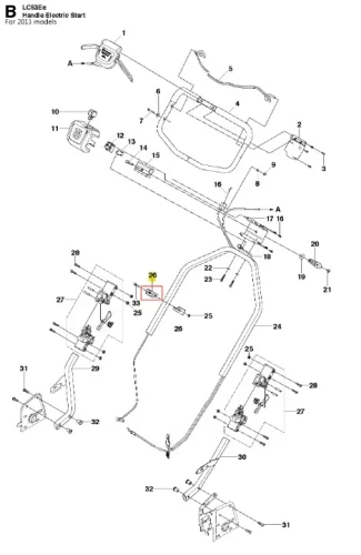 Schemat przewodu startowego kosiarki LC 53E Husqvarna z oznaczeniami, pokazujący konstrukcję, układ przewodów i mocowanie do rączki na białym tle dla lepszej widoczności.