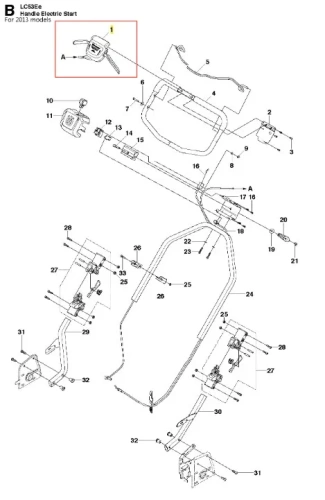 Schemat regulatora kosiarki LC 53E Husqvarna z widokiem z góry, pokazujący uchwyty, przełączniki, elementy mocujące i kable z oznaczonymi numerami części na białym tle.