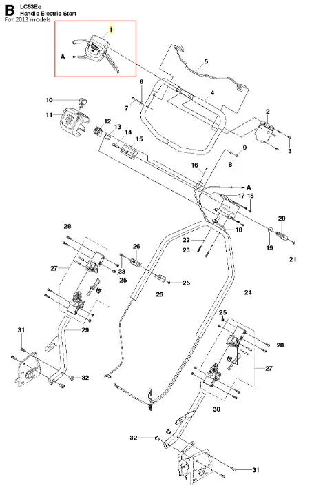 Schemat regulatora kosiarki LC 53E Husqvarna z widokiem z góry, pokazujący uchwyty, przełączniki, elementy mocujące i kable z oznaczonymi numerami części na białym tle.