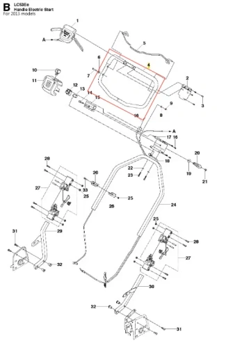 Zespół uchwytu kosiarki LC 53E Husqvarna z metalową ramą i ergonomicznymi uchwytami, widoczny z góry z elementami montażowymi i przyciskami na prostym tle.