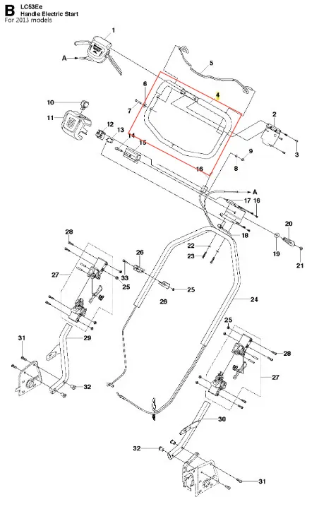 Zespół uchwytu kosiarki LC 53E Husqvarna z metalową ramą i ergonomicznymi uchwytami, widoczny z góry z elementami montażowymi i przyciskami na prostym tle.