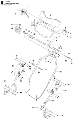 Śruba kosiarki Husqvarna LC 53E, metalowa, o cylindrycznym kształcie, w kolorze srebrnym. Widoczna na rysunku technicznym z podziałem na detale. Ułożona poziomo, z opisanymi mocowaniami i oznaczeniami do montażu. Tło białe.