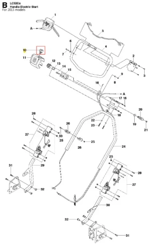 Szczegółowy widok metalowego kluczyka kosiarki Husqvarna LC 53E z oznaczeniem numer 10, okrągłym końcem i detalami montażowymi. Rysunek techniczny na białym tle z numeracją części.