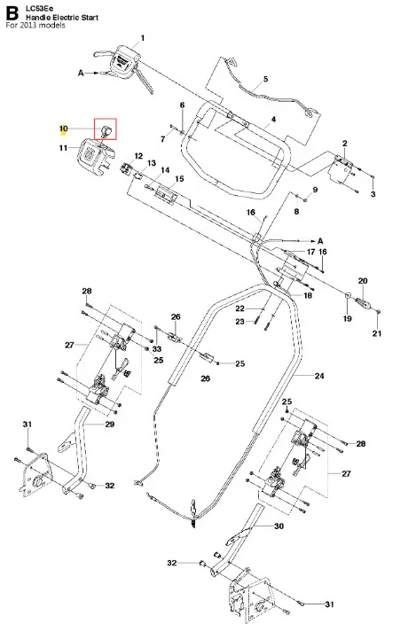 Szczegółowy widok metalowego kluczyka kosiarki Husqvarna LC 53E z oznaczeniem numer 10, okrągłym końcem i detalami montażowymi. Rysunek techniczny na białym tle z numeracją części.