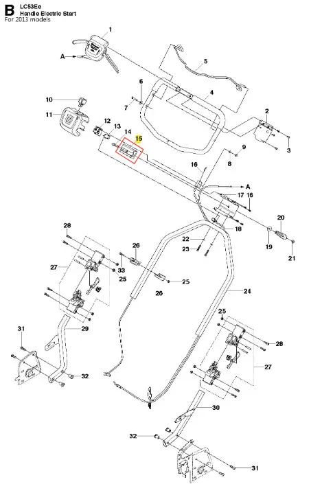 Wspornik uchwytu kosiarki Husqvarna LC 53E, metalowy, w kolorze czarnym, ukazany z boku. Detale mocowań widoczne na zdjęciu. Na tle białym, z wyraźnym oznaczeniem numeru części. Produkt zamontowany, z widocznymi otworami na mocowania.