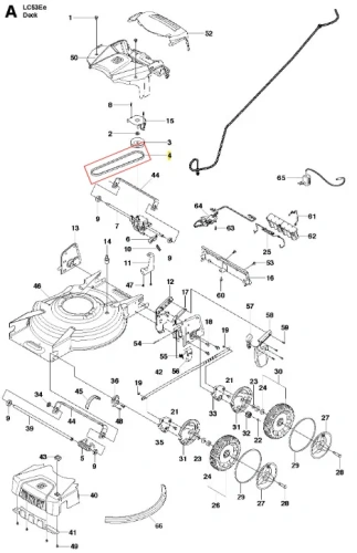 Pasek kosiarki LC 53E marki Husqvarna, widoczny na rysunku technicznym, ma prostokątny kształt z wycięciami. Kolor czarny, wykonany z odpornego materiału. Ukazany z boku, w kontekście części zamiennych, bez dodatkowych elementów.