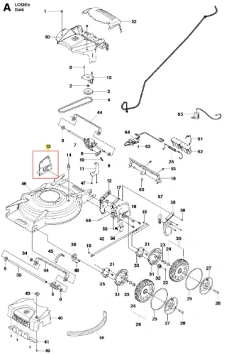 Wspornik prawy do kosiarki Husqvarna LC 53E, metalowy, szary, prostokątny z otworami montażowymi. Widok z góry na detale, produkt na jednolitym tle, niezainstalowany.