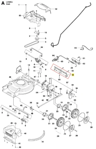 Szara osłona kosiarki Husqvarna LC 53E z wytrzymałego materiału, zdjęcie frontalne na białym tle. Widoczne szczelina na wirnik i oznaczenia numeryczne. Do wymiany w kosiarkach.