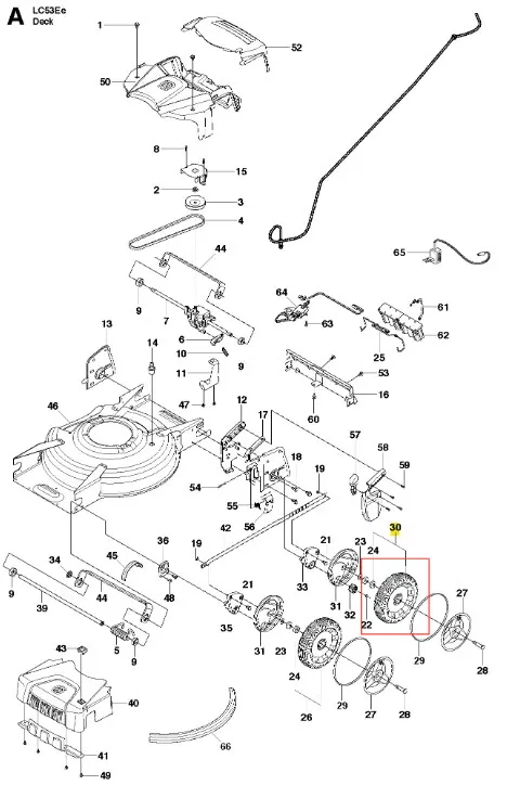 Koło do kosiarki LC 53E Husqvarna, okrągłe, metalowe, z wyraźnymi oznaczeniami. Widok z góry, z detalami mocowania po bokach. Tło białe, co podkreśla jego kształt i przeznaczenie.