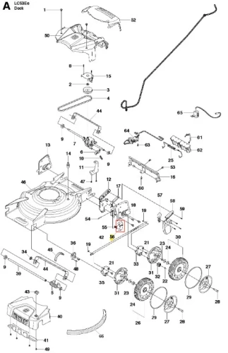 Zatrzask kosiarki LC 53E Husqvarna, montowany na obudowie, metalowy, w kolorze srebrnym. Widok z góry, eksponujący kształt oraz mechanizm wsparcia. Zaznaczony numer 55, w kontekście pozostałych elementów złożenia kosiarki.