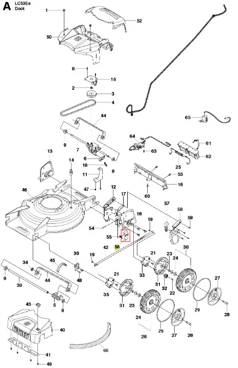 Zatrzask kosiarki LC 53E Husqvarna, montowany na obudowie, metalowy, w kolorze srebrnym. Widok z góry, eksponujący kształt oraz mechanizm wsparcia. Zaznaczony numer 55, w kontekście pozostałych elementów złożenia kosiarki.