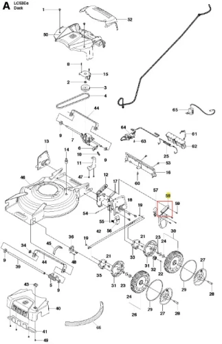 Osłona kosiarki LC 53E Husqvarna w kolorze czarnym, wykonana z tworzywa sztucznego. Ujęcie z boku, pokazujące detale mocowania i logo producenta. Element w pozycji leżącej, otoczony innymi częściami kosiarki, na jasnym tle.
