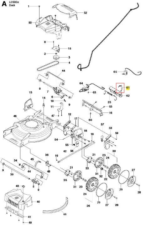 Schemat uchwytu kosiarki LC 53E Husqvarna z elementami mocującymi, śrubami, wałami i mechanizmami. Rysunek techniczny z numeracją części na białym tle, ułatwiający identyfikację i zrozumienie budowy produktu.